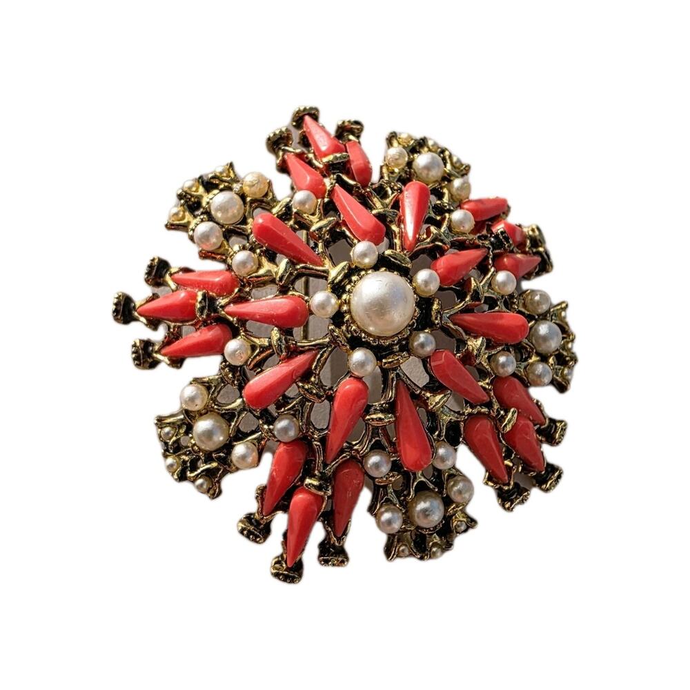 Vintage Victorian Style Filigree Faux Cloral Seed Pearl Burst Gold Tone Brooch